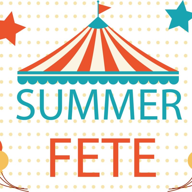 The words SUMMER FETE underneath a Big Top tent, with balloons and stars to the sides